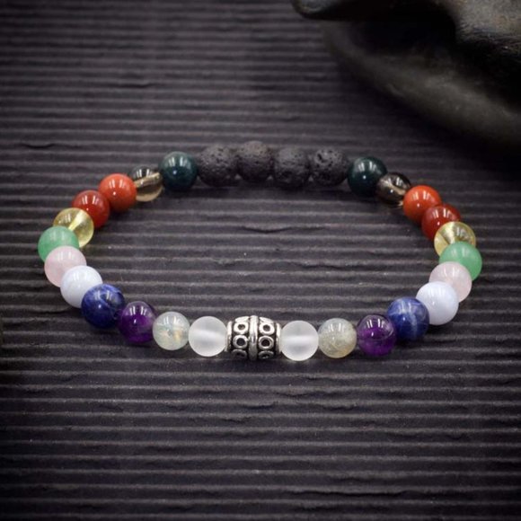 12 Chakra Crystal Lava Rock Stretch Bracelet  - Handmade to Order - Picture 1 of 2
